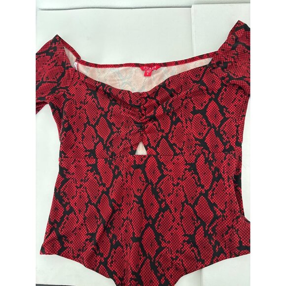 Guess Bodysuit M Red Snake-Print Deep V Sweetheart Neckline Cutout Y2K Clubwear - Picture 15 of 16